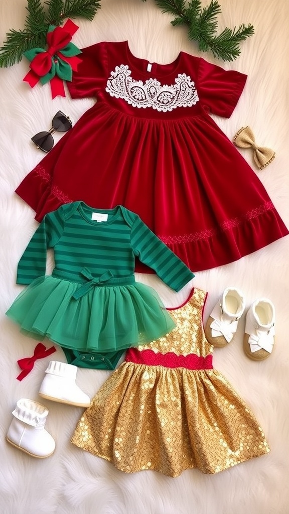 Festive Christmas Outfit Ideas for Baby Girls A variety of festive Christmas outfits for baby girls, including dresses and accessories, on a soft holiday-themed background.